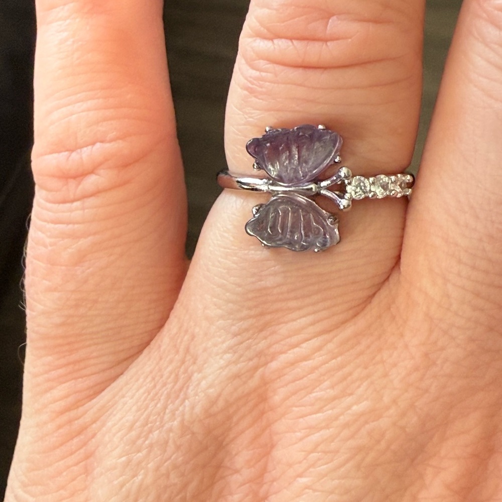 Natural Purple Stone Fluorite Butterfly Ring